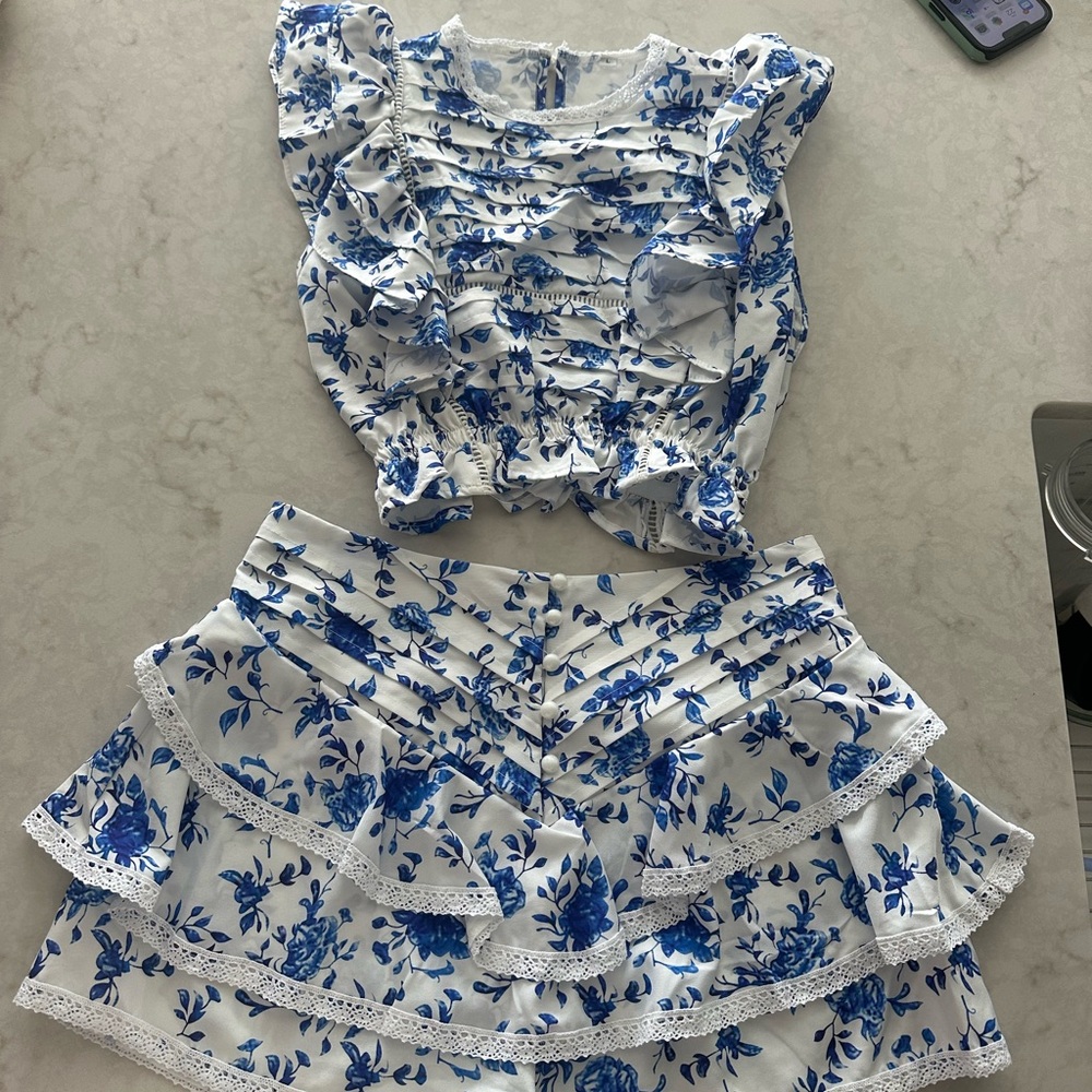 Floral Blue and White Skirt Set